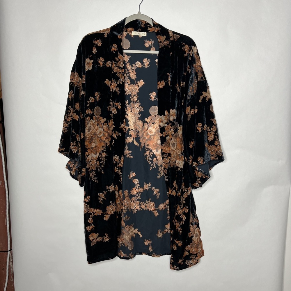 ILLA ILLA Kimono Jacket Womens Small Navy Velvet Floral Open Front 3/4 Sleeve
